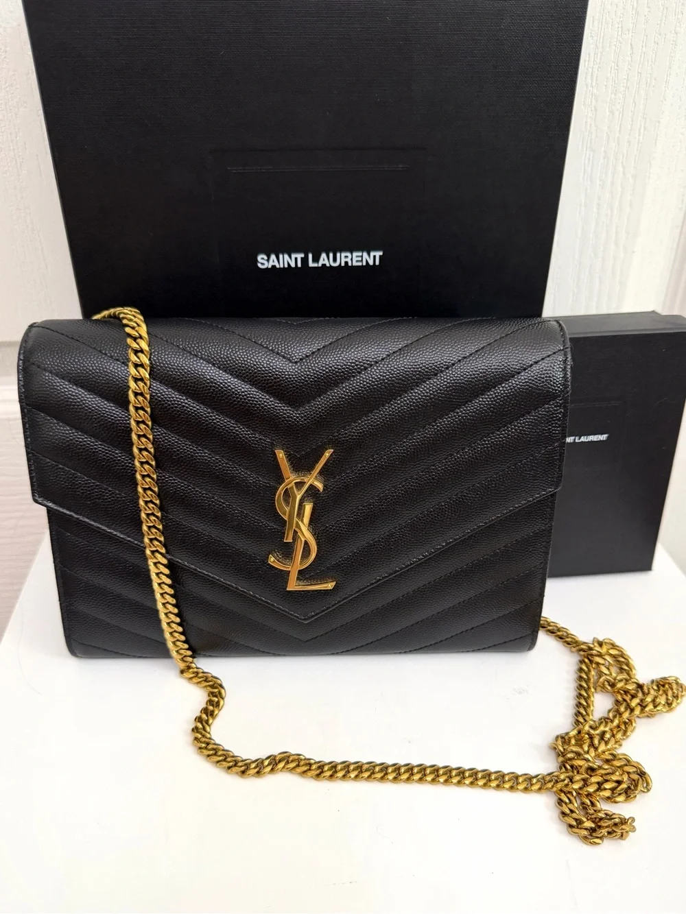 Saint Laurent Black Chevron Quilted Leather Clutch with matching Card Holder